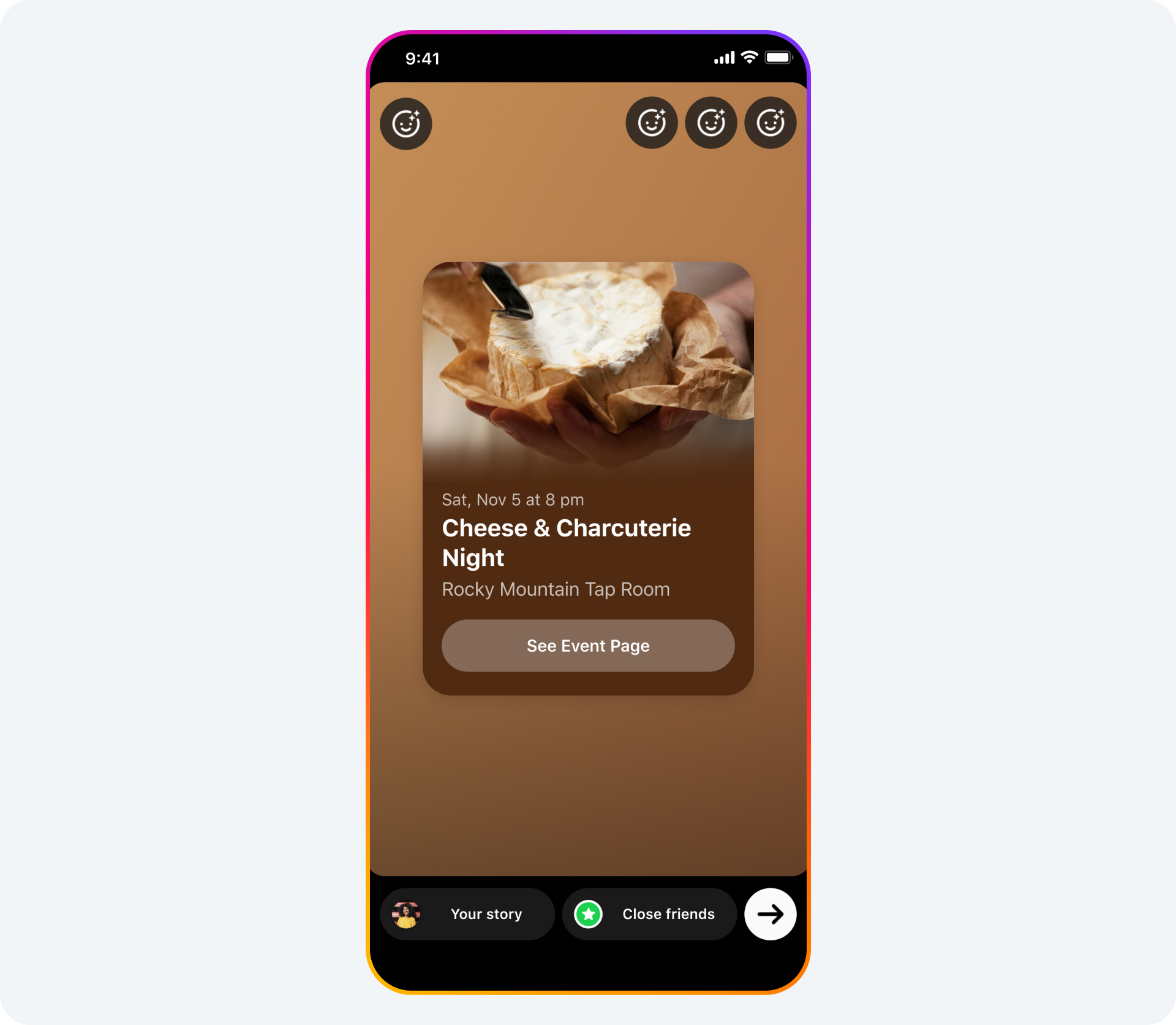 An image showing the sharing of a Facebook event on an Instagram story.